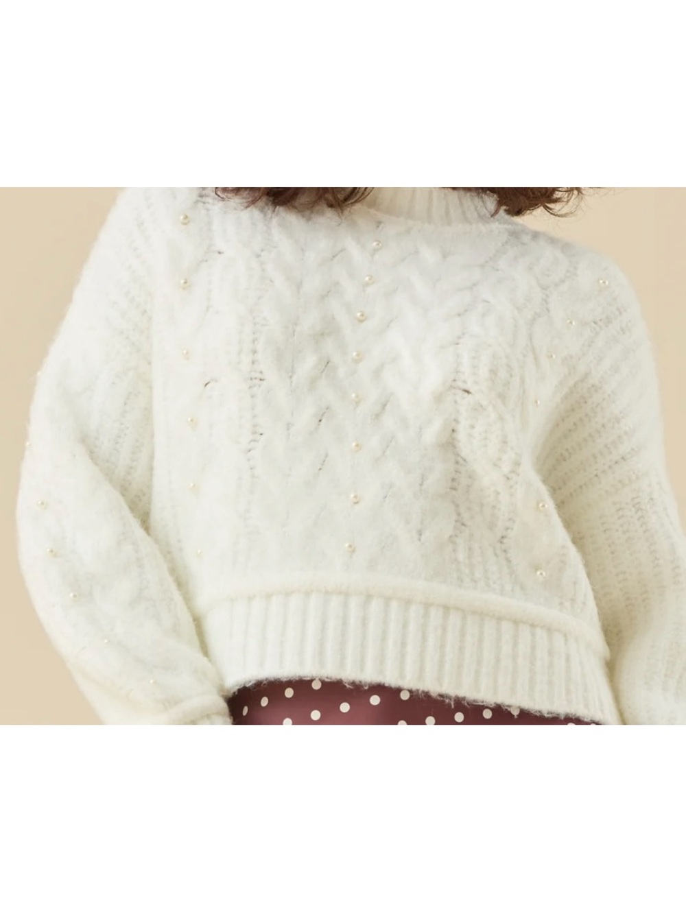 Altar'd State Cream Cable-Knit Pearl-Embellished Crew Sweater - Picture 3 of 8